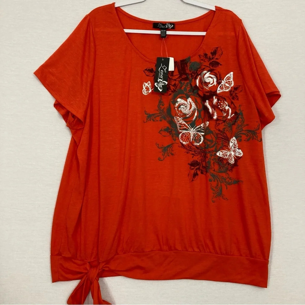 New LENA Red Floral Round Neck‎ Tie Front Stretch Pullover Top size 22/24